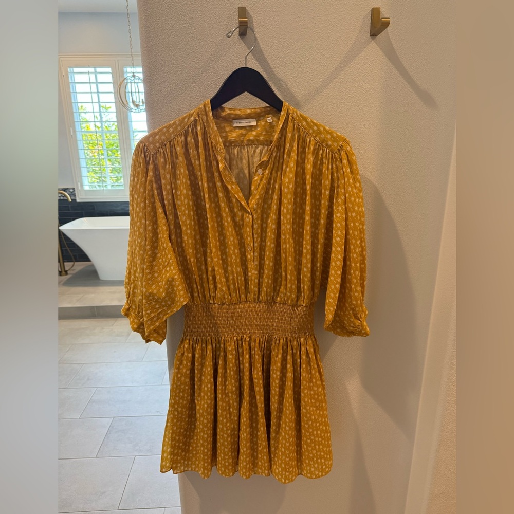 Rebecca Taylor Gold Ruffled Mini Dress with Mandarin Collar